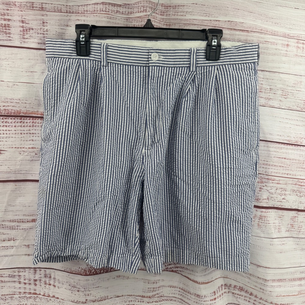 Brooks Brothers Shorts Mens Size 36 Blue White Striped Seersucker Pleated Cotton